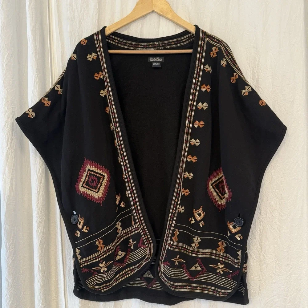 Lucky Brand Womens Aztec Open Front Cardigan Kimono Embroidered Southwestern OS - Picture 2 of 6